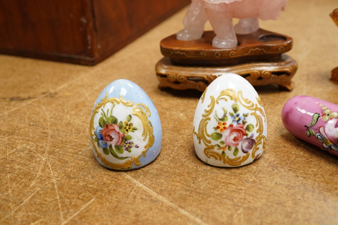 Two 19th century enamel boxes and two enamel shaped vessels, a hardstone elephant, etc.